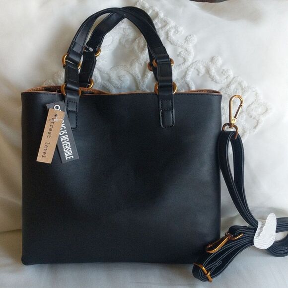 Street Level Small -Reversible Black / Leopard Tote - Picture 1 of 14